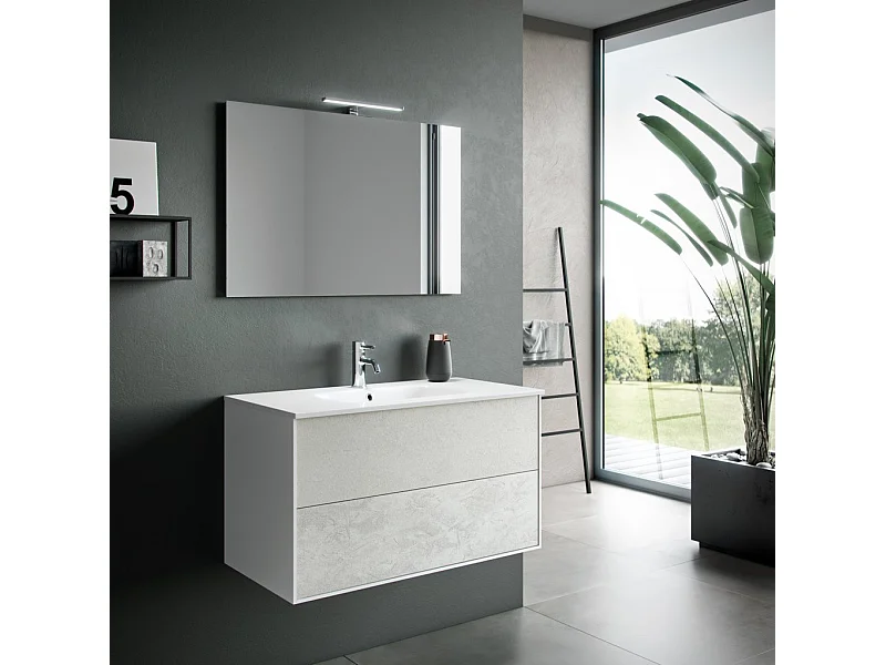 Ensemble meuble de salle de bain 2 tiroirs bois blanc et miroir à LED Oga L 90cm