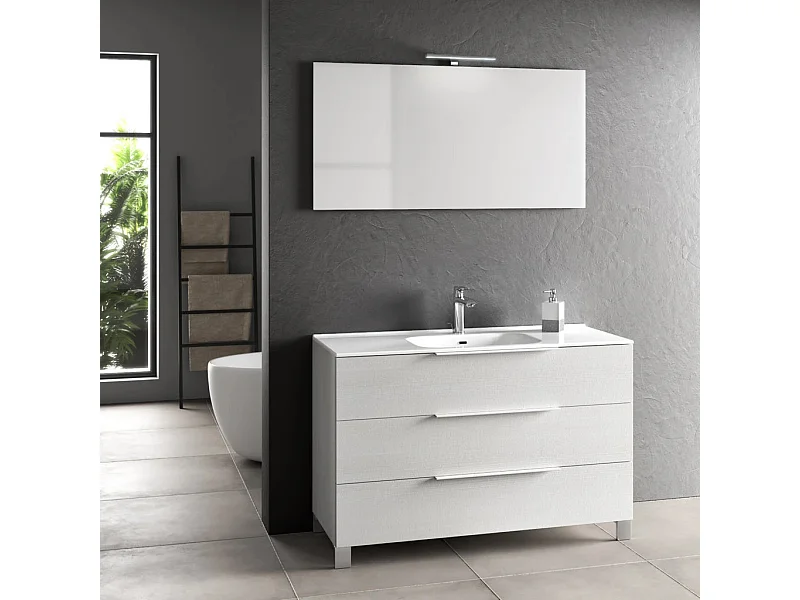 Ensemble meuble de salle de bain 3 tiroirs bois blanc et miroir lumineux Malo L 120cm