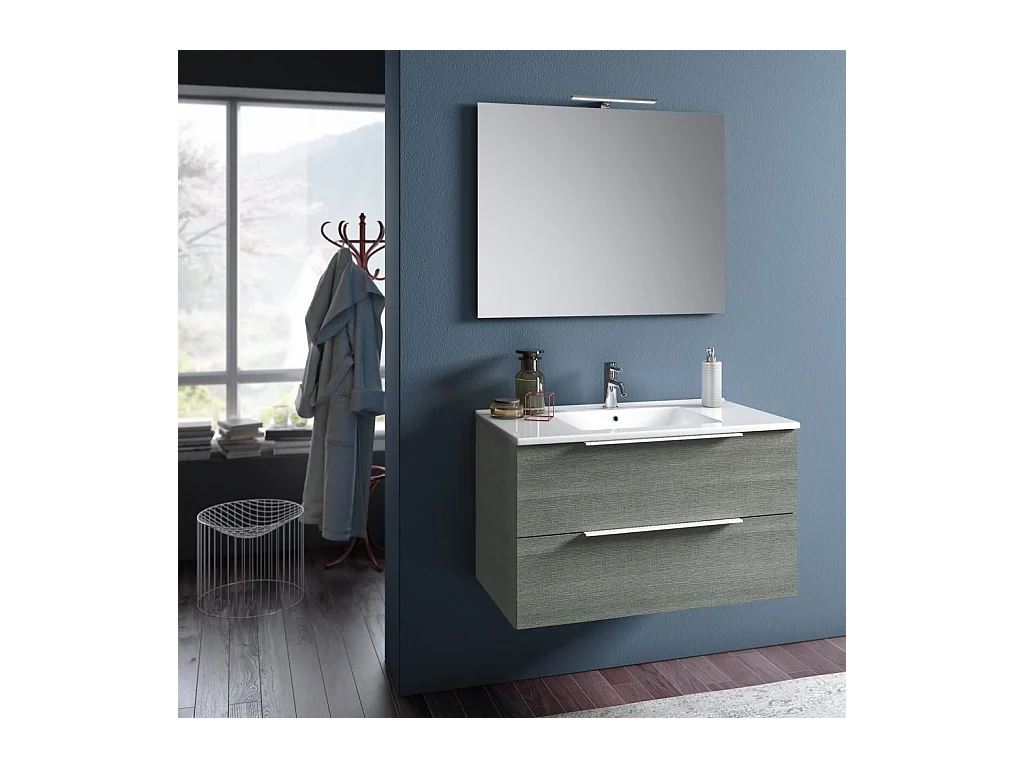 Ensemble meuble de salle de bain 2 tiroirs bois gris et miroir à LED Mola L 90cm