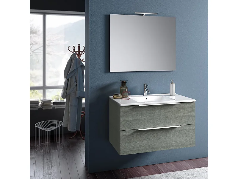 Ensemble meuble de salle de bain 2 tiroirs bois gris et miroir à LED Mola L 90cm