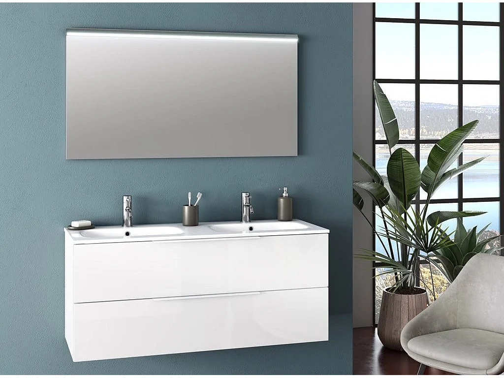 Ensemble meuble de salle de bain 2 tiroirs laqué blanc et miroir à LED Mola L 120cm