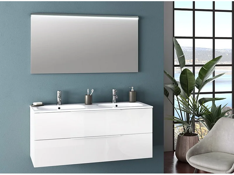 Ensemble meuble de salle de bain 2 tiroirs laqué blanc et miroir à LED Mola L 120cm