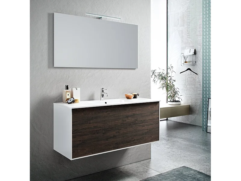 Ensemble meuble de salle de bain 2 tiroirs laqué blanc et marron et miroir à LED Lago L 120cm
