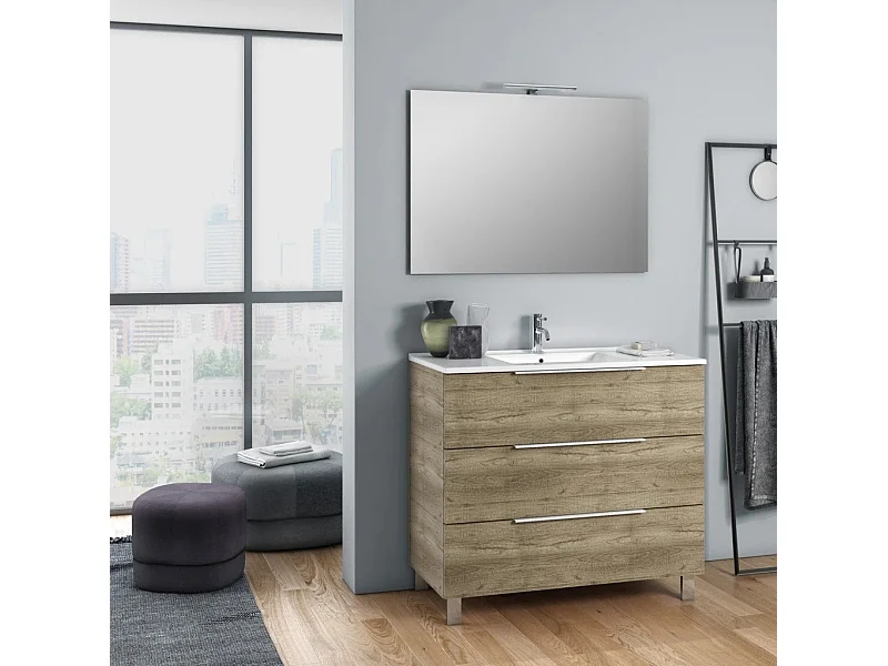 Ensemble meuble de salle de bain 3 tiroirs chêne clair et miroir à LED Mola L 80cm