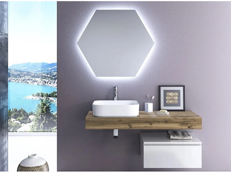 Ensemble meuble de salle de bain 1 tiroir chêne et laqué blanc et miroir à LED Kyo L 120cm