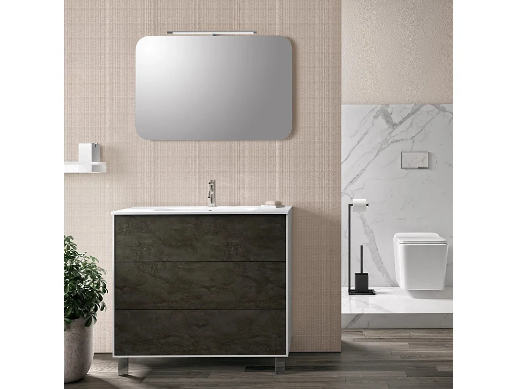 Ensemble meuble de salle de bain 3 tiroirs laqué blanc et gris oxyde et miroir lumineux Lago L 90cm