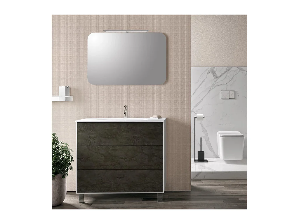 Ensemble meuble de salle de bain 3 tiroirs laqué blanc et gris oxyde et miroir lumineux Lago L 90cm