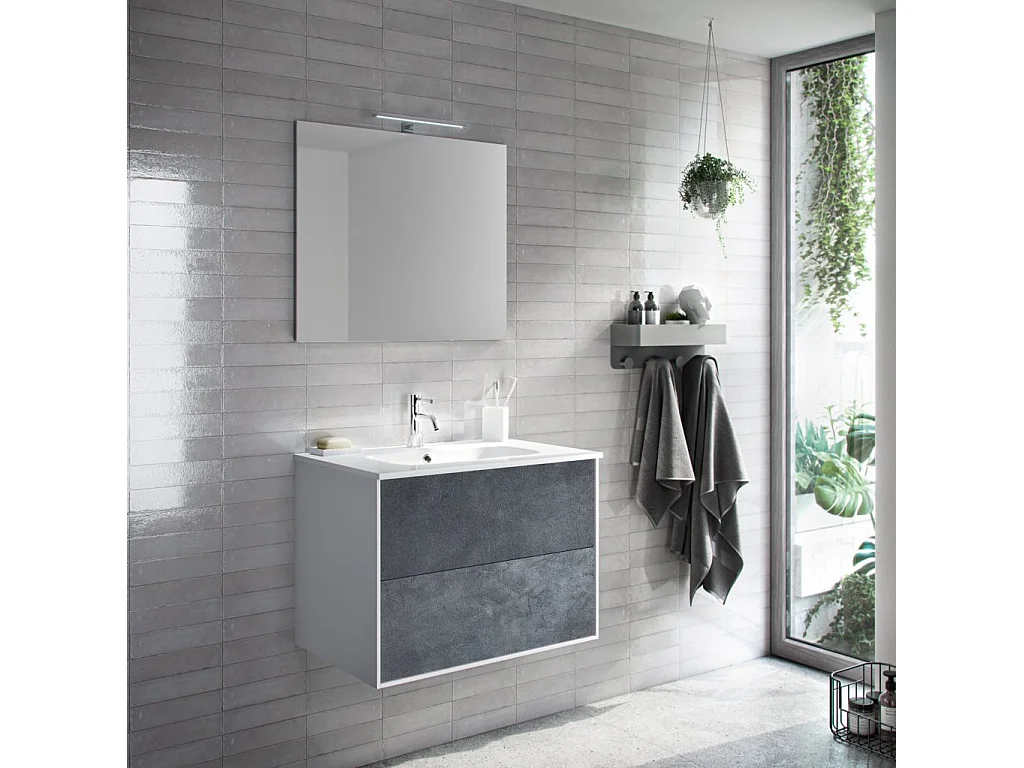 Ensemble meuble de salle de bain 2 tiroirs blanc et bleu effet pierre et miroir à LED Oga L 70cm