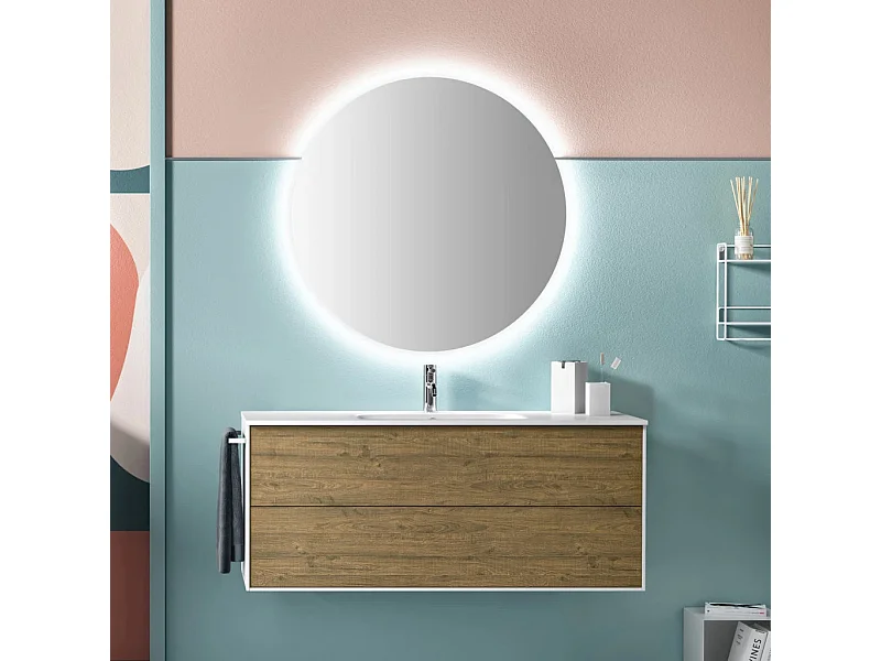 Ensemble meuble de salle de bain 2 tiroirs laqué blanc et chêne et miroir lumineux Lago L 120cm