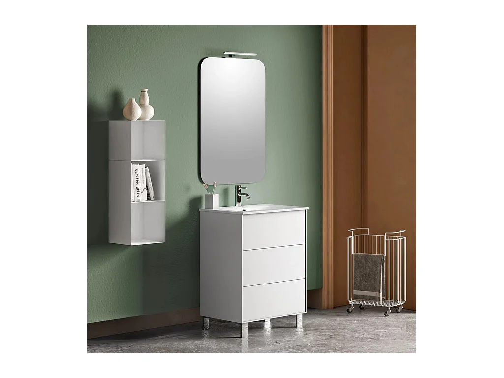 Ensemble meuble de salle de bain 3 tiroirs laqué blanc et miroir lumineux Lago L 60cm