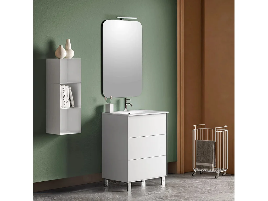 Ensemble meuble de salle de bain 3 tiroirs laqué blanc et miroir lumineux Lago L 60cm