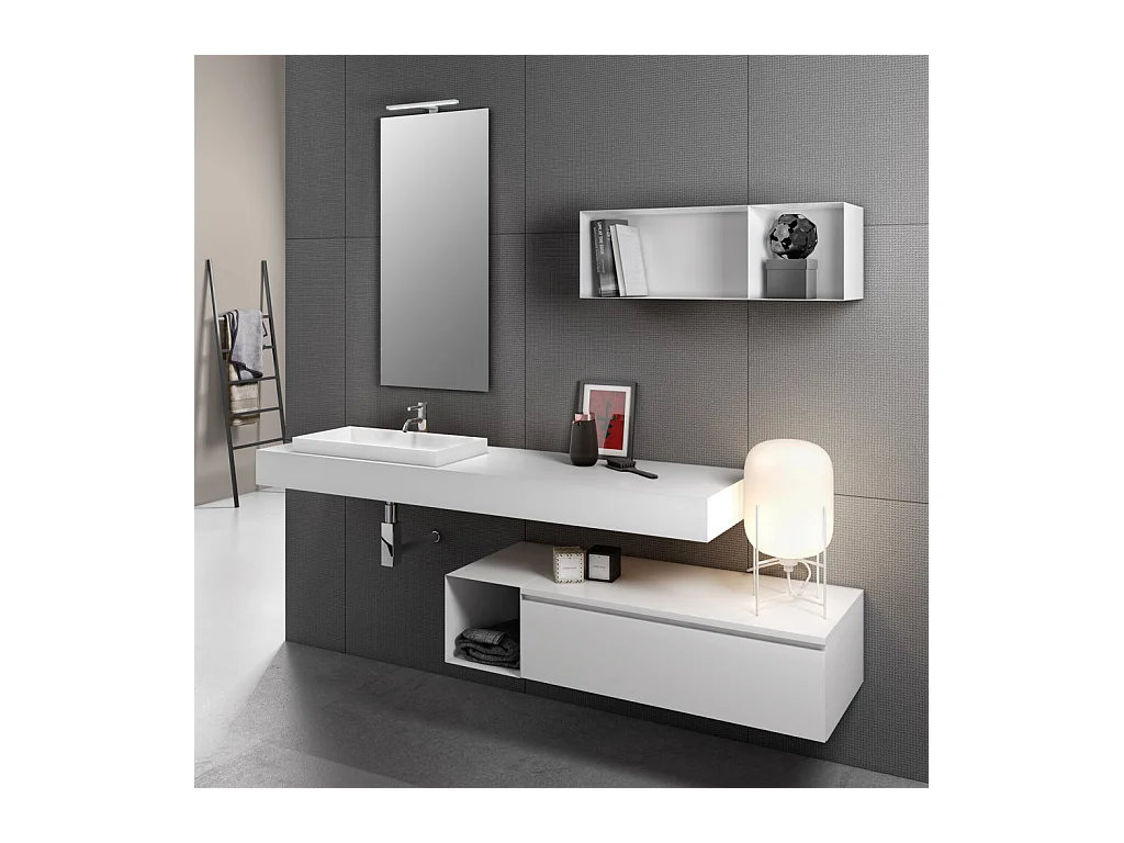 Ensemble meuble de salle de bain laqué blanc avec étagère et miroir à LED Kyo L 165cm