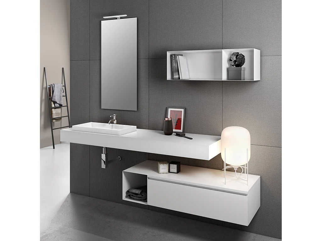 Ensemble meuble de salle de bain laqué blanc avec étagère et miroir à LED Kyo L 165cm