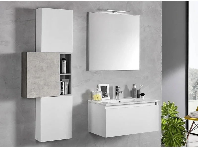 Ensemble meuble de salle de bain 3 armoires laqué blanc et effet béton avec vasque et miroir lumineux Teph L 70cm