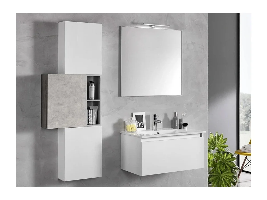 Ensemble meuble de salle de bain 3 armoires laqué blanc et effet béton avec vasque et miroir lumineux Teph L 70cm