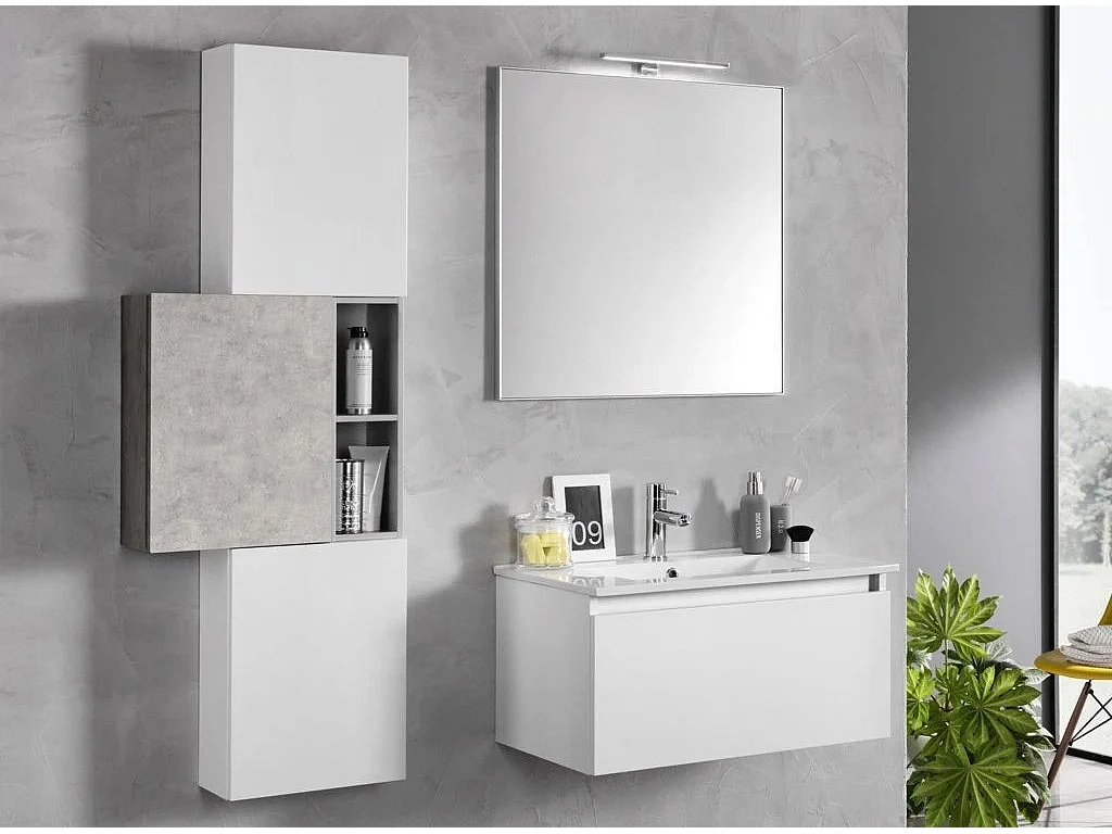 Ensemble meuble de salle de bain 3 armoires laqué blanc et effet béton avec vasque et miroir lumineux Teph L 70cm