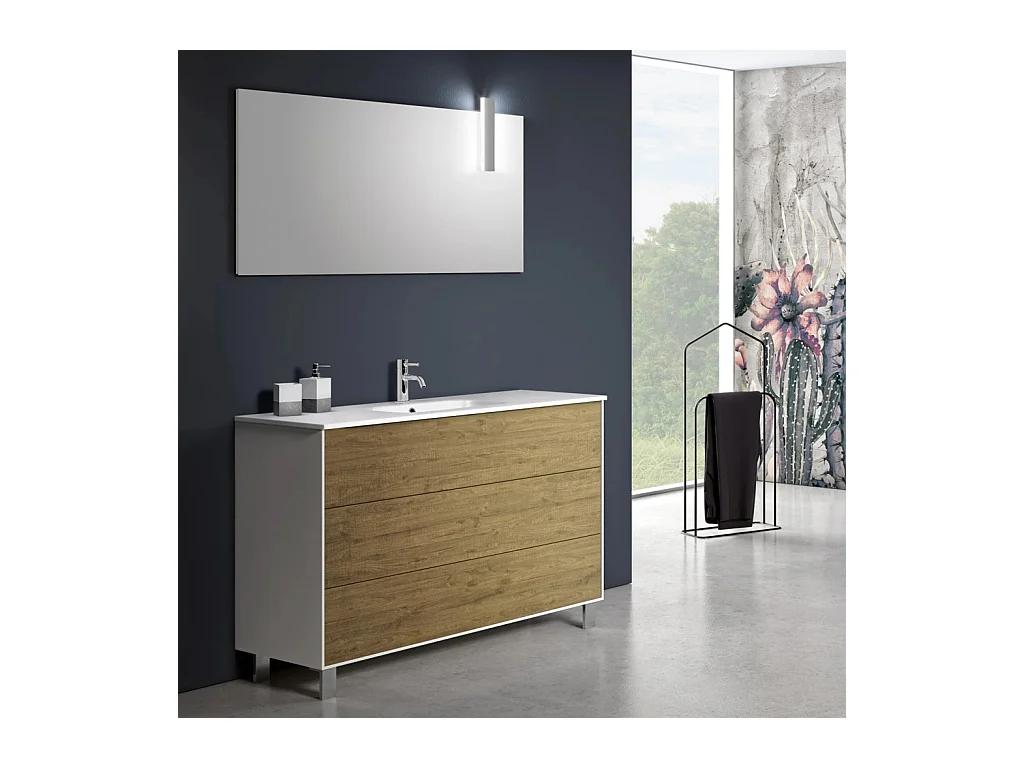 Ensemble meuble de salle de bain 3 tiroirs bois blanc et chêne et miroir à LED Lago L 120cm