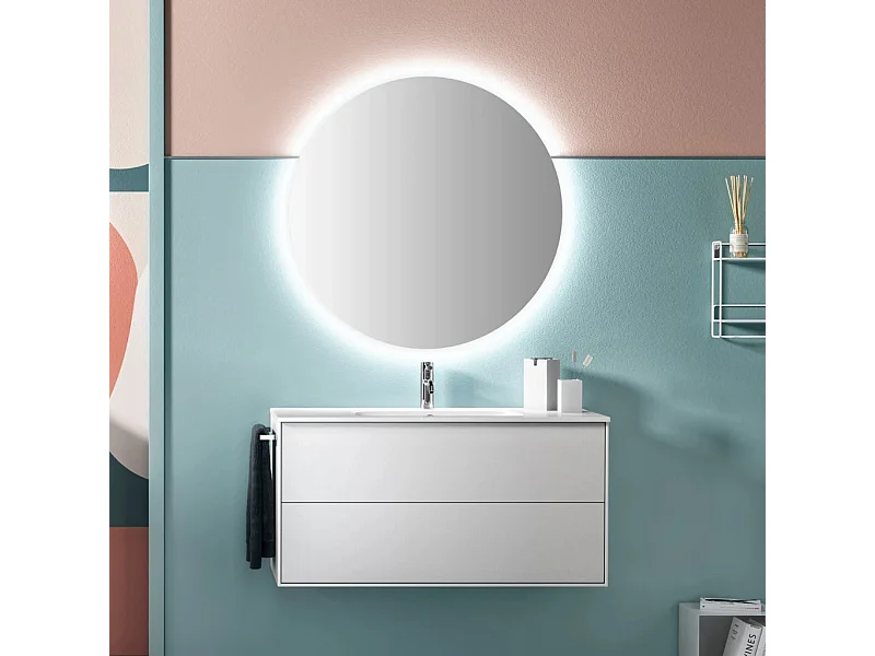 Ensemble meuble de salle de bain 2 tiroirs laqué blanc et miroir lumineux Lago L 100cm 2