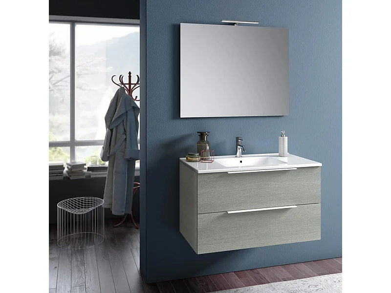 Ensemble meuble de salle de bain 2 tiroirs beige et miroir à LED Mola L 100cm