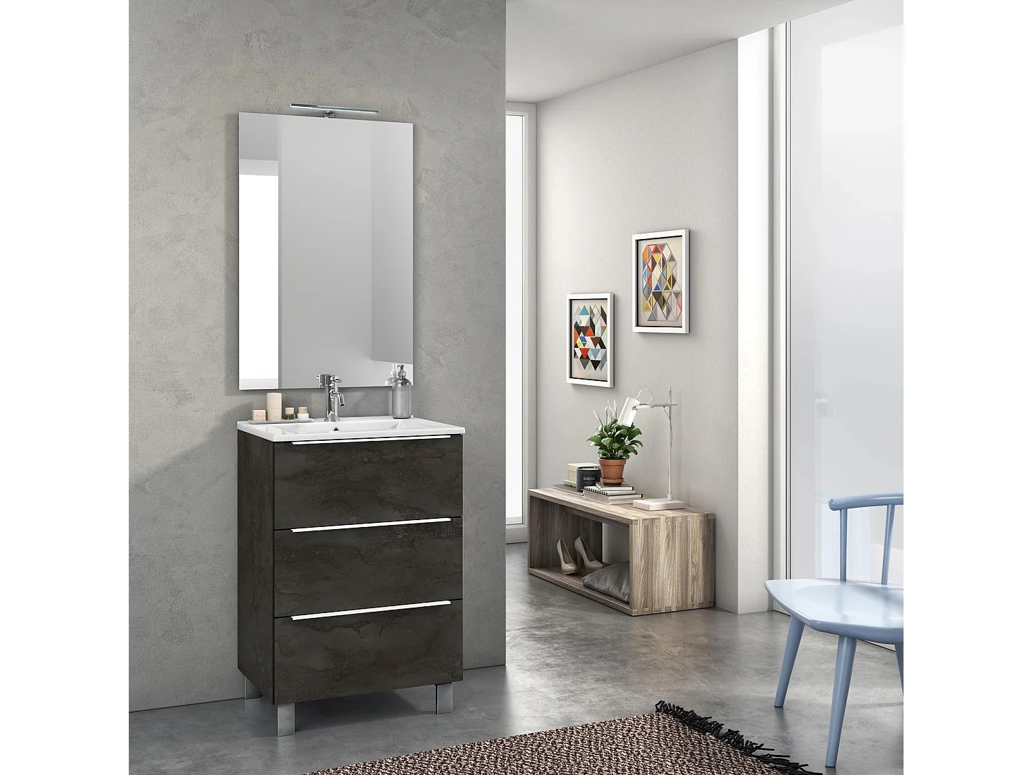 Ensemble meuble de salle de bain 3 tiroirs bois gris oxyde et miroir lumineux Malo L 60cm