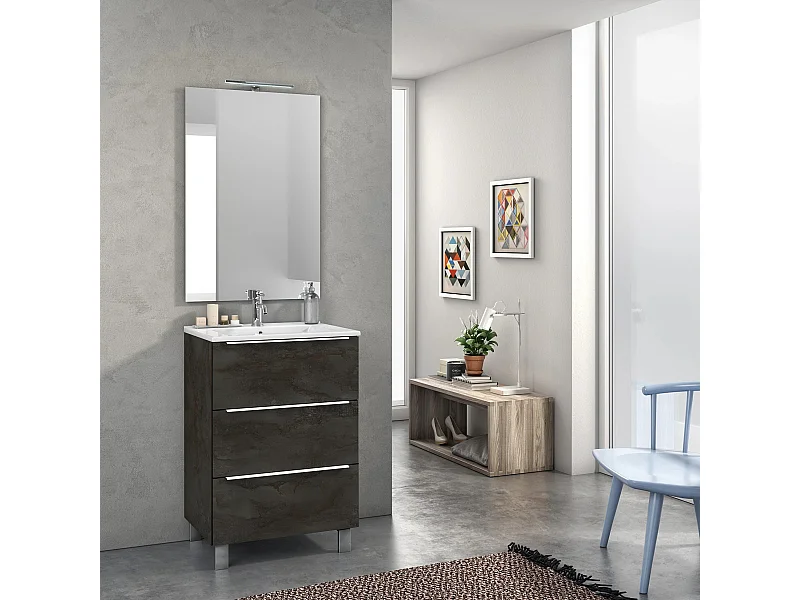 Ensemble meuble de salle de bain 3 tiroirs bois gris oxyde et miroir lumineux Malo L 60cm