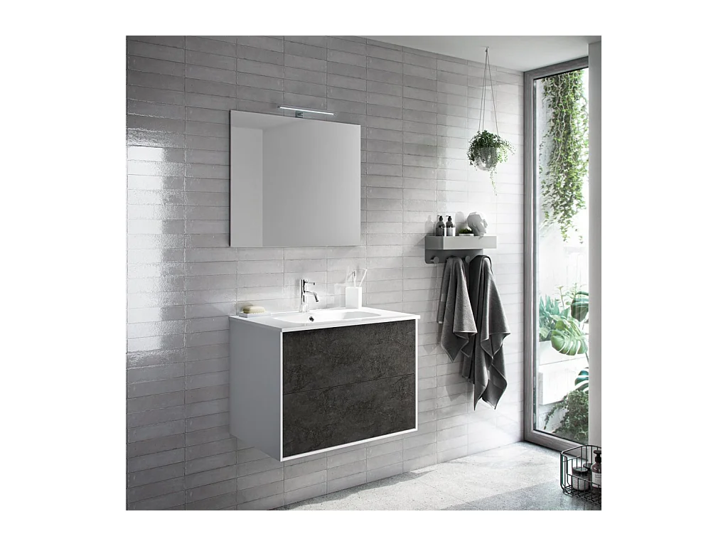 Ensemble meuble de salle de bain 2 tiroirs laqué blanc et gris oxyde et miroir à LED Oga L 80cm
