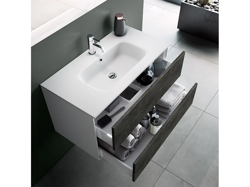 Ensemble meuble de salle de bain 2 tiroirs laqué blanc et gris oxyde et miroir à LED Oga L 80cm