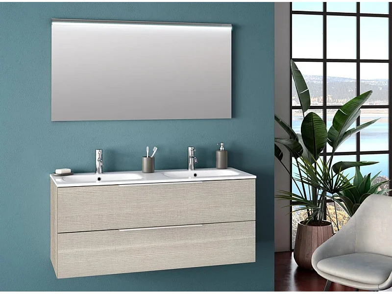 Ensemble meuble de salle de bain 2 tiroirs beige double vasque et miroir lumineux Molam L 120cm