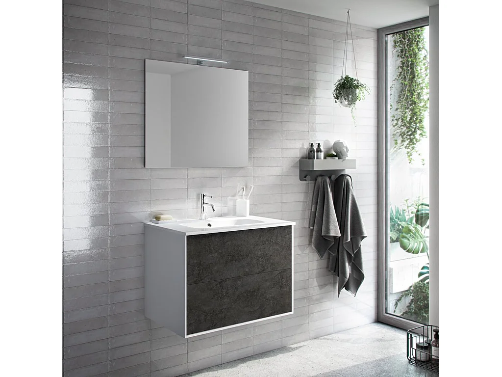 Ensemble meuble de salle de bain 2 tiroirs laqué blanc et gris oxyde et miroir à LED Oga L 70cm
