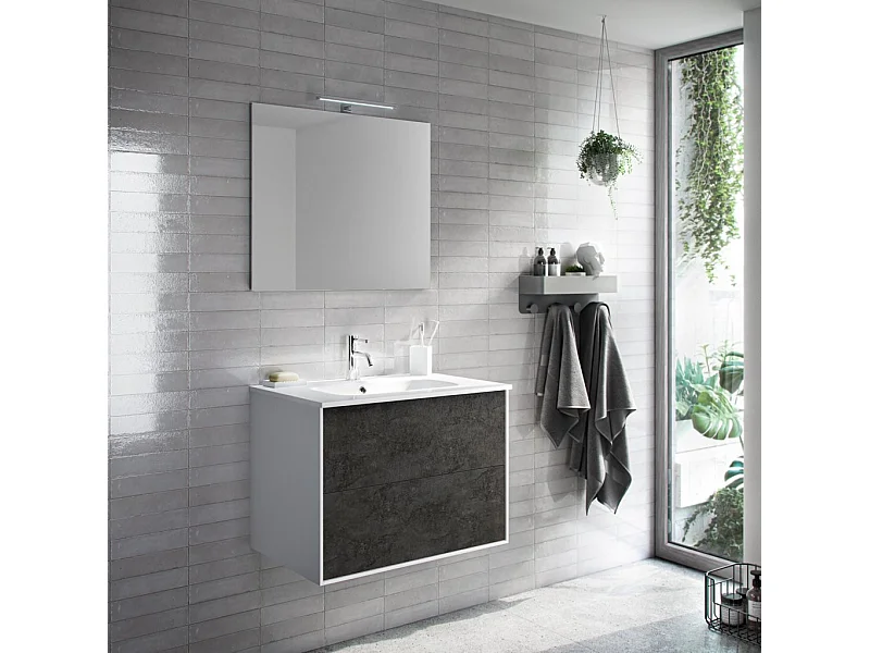 Ensemble meuble de salle de bain 2 tiroirs laqué blanc et gris oxyde et miroir à LED Oga L 70cm