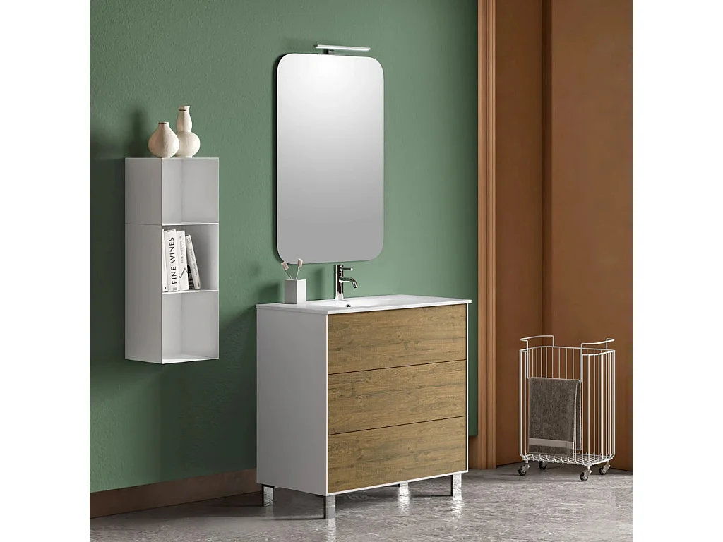 Ensemble meuble de salle de bain 3 tiroirs laqué blanc et chêne et miroir lumineux Lago L 80cm