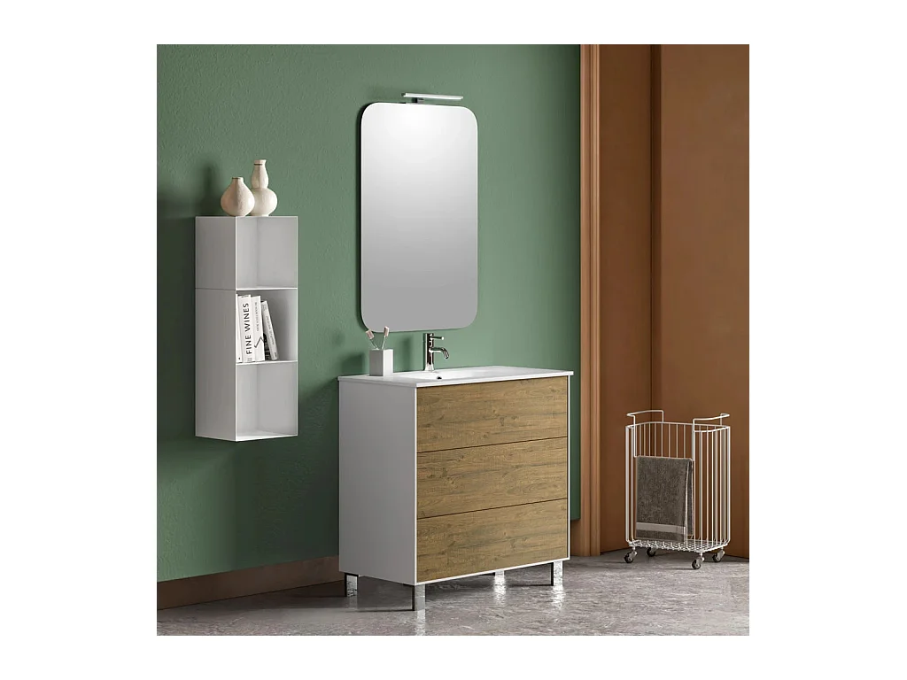 Ensemble meuble de salle de bain 3 tiroirs laqué blanc et chêne et miroir lumineux Lago L 80cm