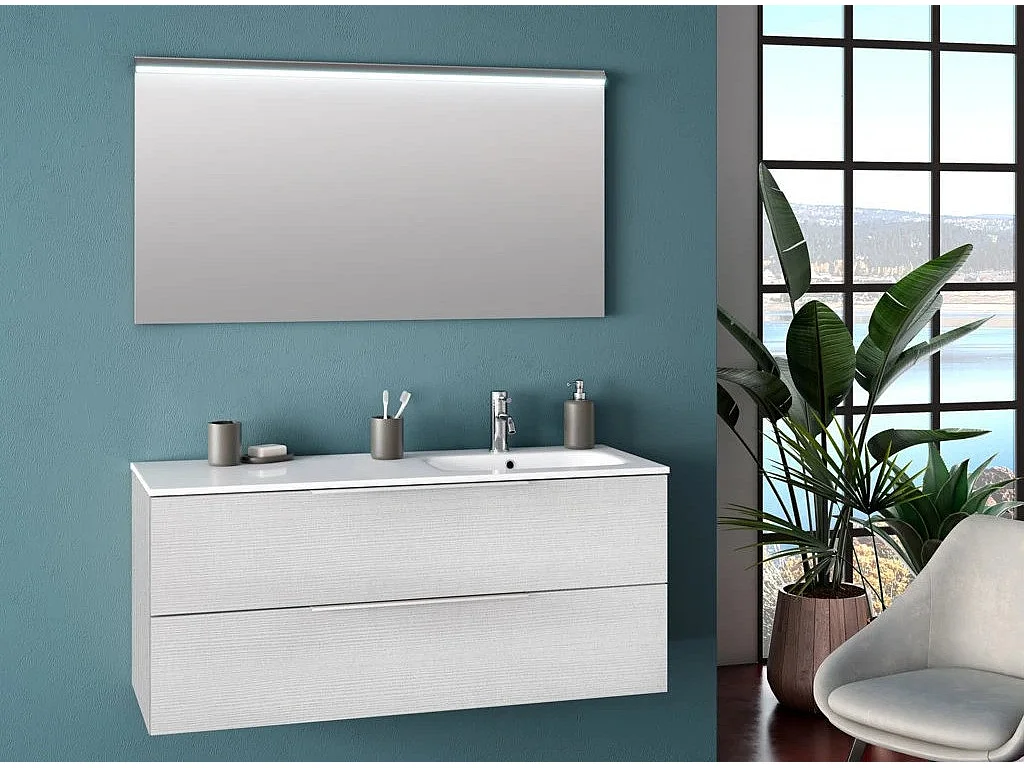 Ensemble meuble de salle de bain 2 tiroirs bois blanc et miroir à LED Malo L 120cm