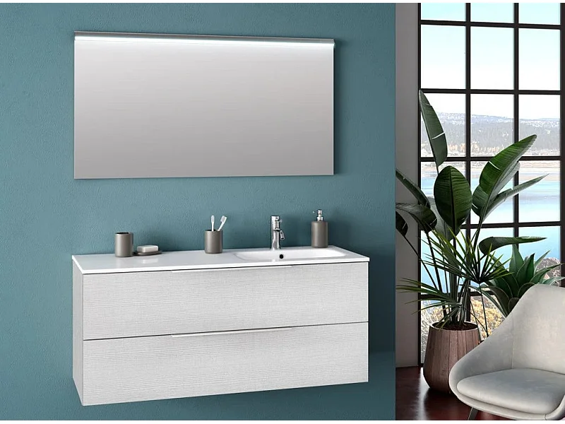 Ensemble meuble de salle de bain 2 tiroirs bois blanc et miroir à LED Malo L 120cm