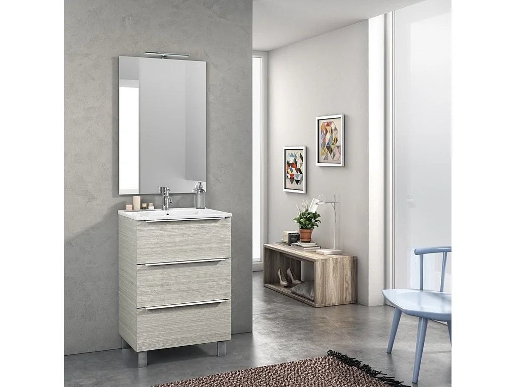 Ensemble meuble de salle de bain 3 tiroirs bois beige et miroir lumineux Malo L 60cm