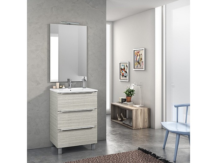Ensemble meuble de salle de bain 3 tiroirs bois beige et miroir