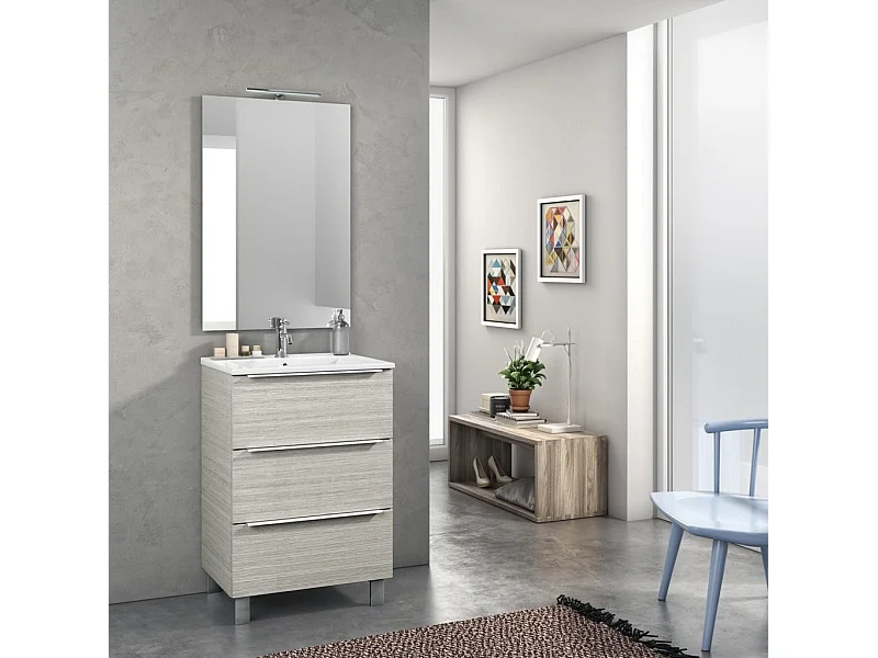 Ensemble meuble de salle de bain 3 tiroirs bois beige et miroir lumineux Malo L 60cm