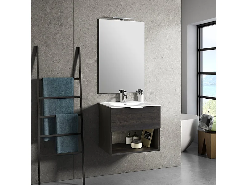 Ensemble meuble de salle de bain 1 tiroir bois marron et miroir lumineux Noe L 60cm
