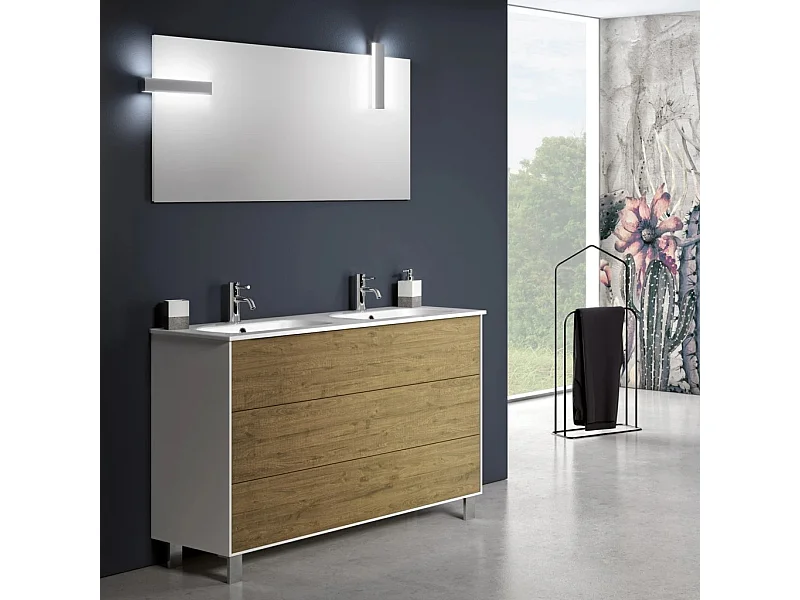 Ensemble meuble de salle de bain 3 tiroirs bois blanc et chêne clair et miroir à LED Lago L 120cm