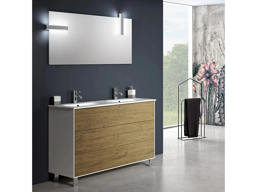 Ensemble meuble de salle de bain 3 tiroirs bois blanc et chêne clair et miroir à LED Lago L 120cm