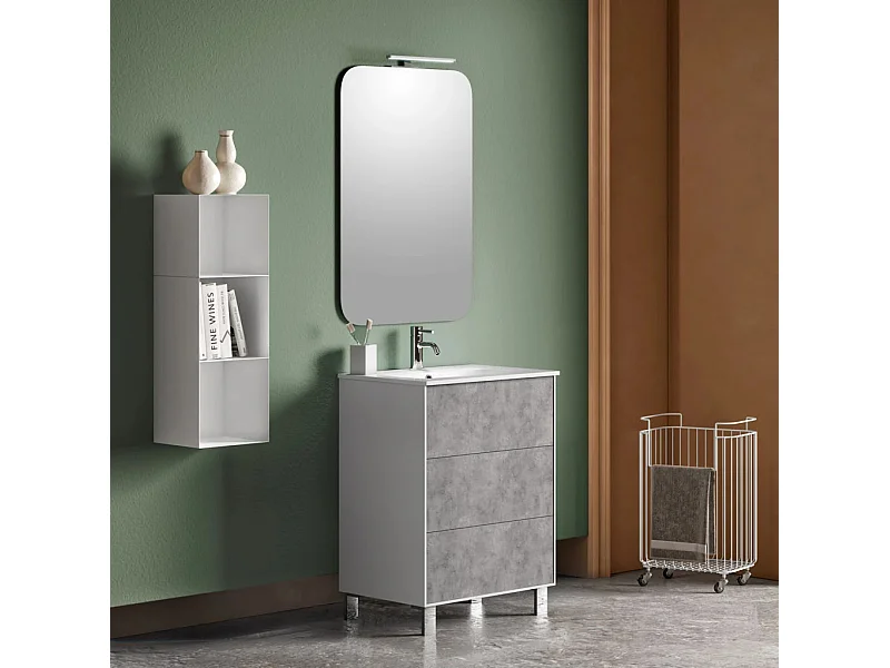 Ensemble meuble de salle de bain 3 tiroirs laqué blanc et effet béton et miroir lumineux Lago L 60cm