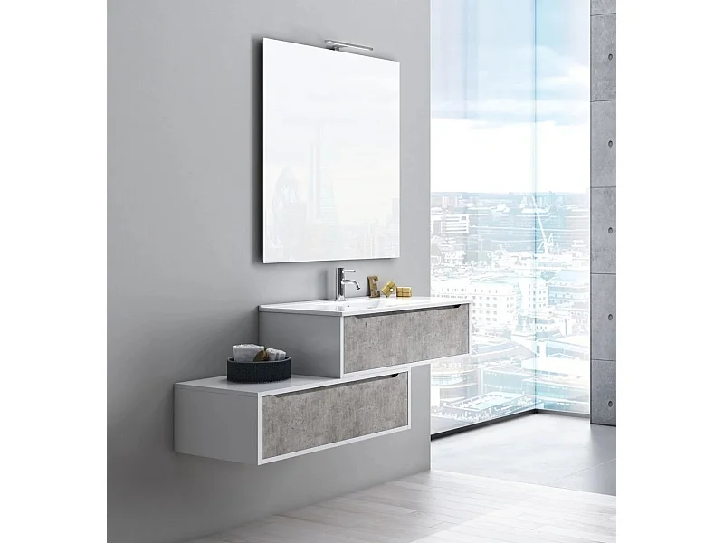 Ensemble meuble de salle de bain 2 tiroirs laqué blanc et effet béton et miroir à LED Selb L 140cm