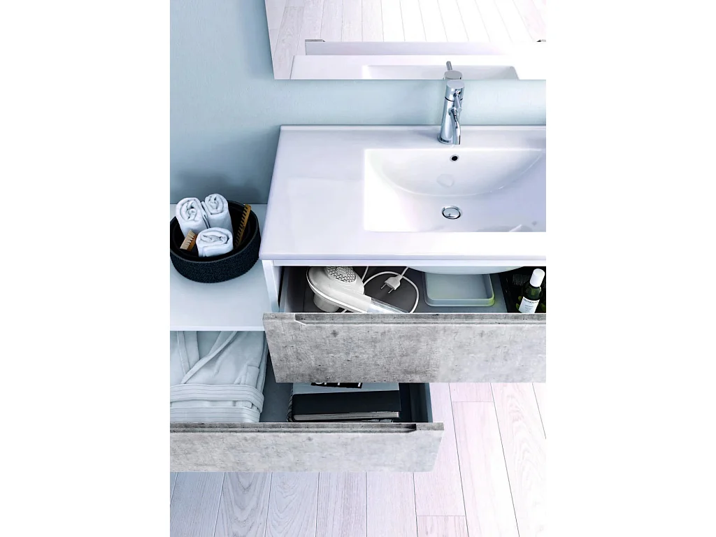 Ensemble meuble de salle de bain 2 tiroirs laqué blanc et effet béton et miroir à LED Selb L 140cm