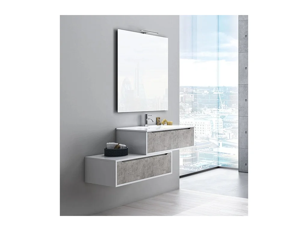 Ensemble meuble de salle de bain 2 tiroirs laqué blanc et effet béton et miroir à LED Selb L 140cm