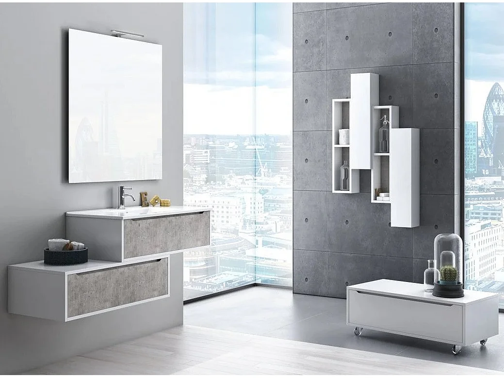 Ensemble meuble de salle de bain 2 tiroirs laqué blanc et effet béton et miroir à LED Selb L 140cm