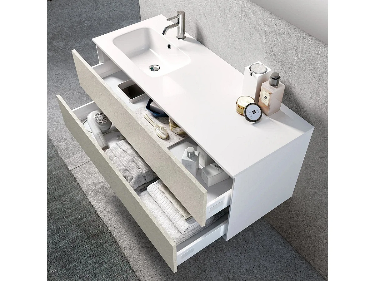 Ensemble meuble de salle de bain 2 tiroirs bois blanc et miroir à LED Goa L 120cm