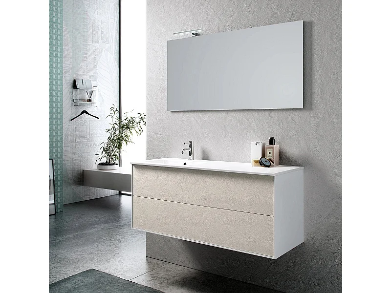 Ensemble meuble de salle de bain 2 tiroirs bois blanc et miroir à LED Goa L 120cm