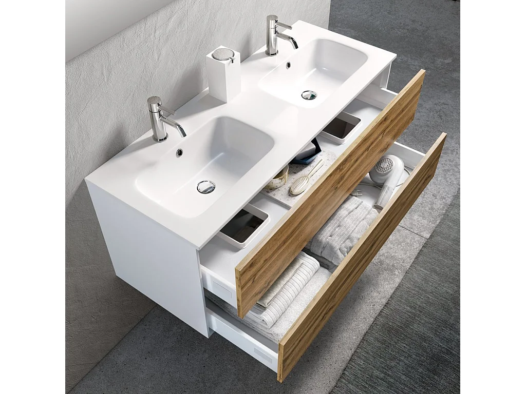 Ensemble meuble de salle de bain 2 tiroirs laqué blanc et chêne double vasque et miroir à LED Oga L 120cm