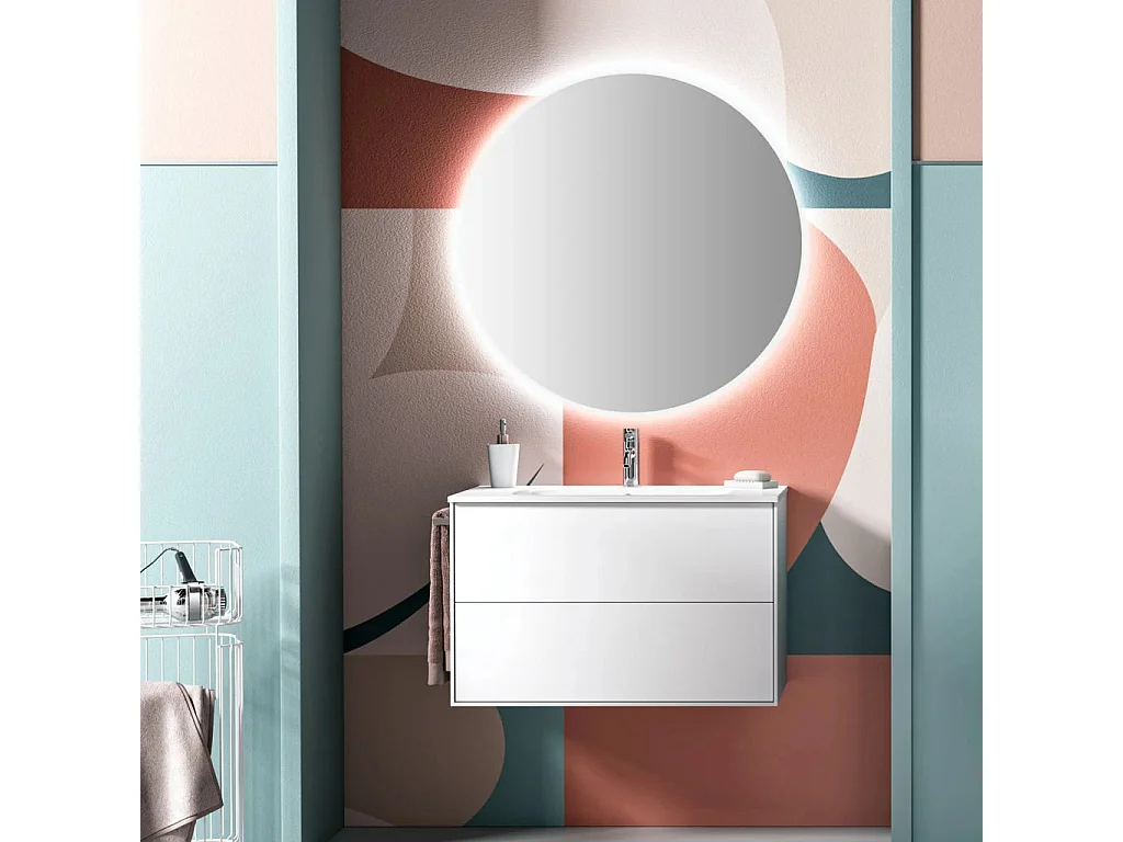 Ensemble meuble de salle de bain 2 tiroirs laqué blanc et miroir à LED Lago L 80cm
