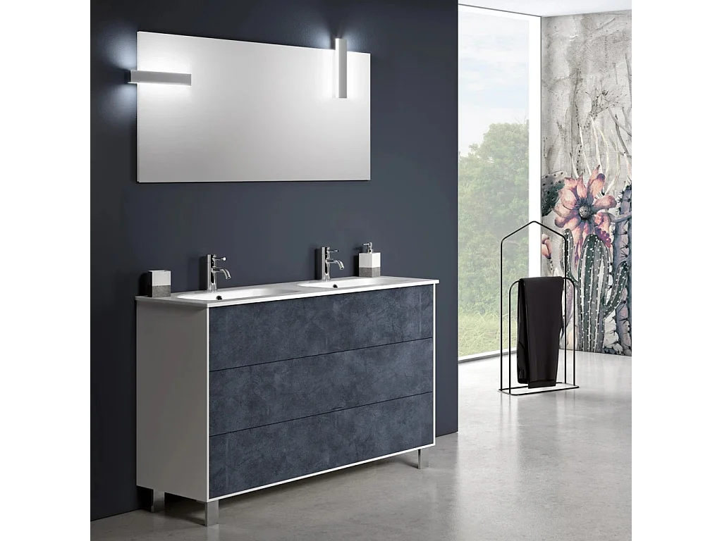 Ensemble meuble de salle de bain 3 tiroirs blanc et bleu effet pierre et miroir à LED Lago L 120cm